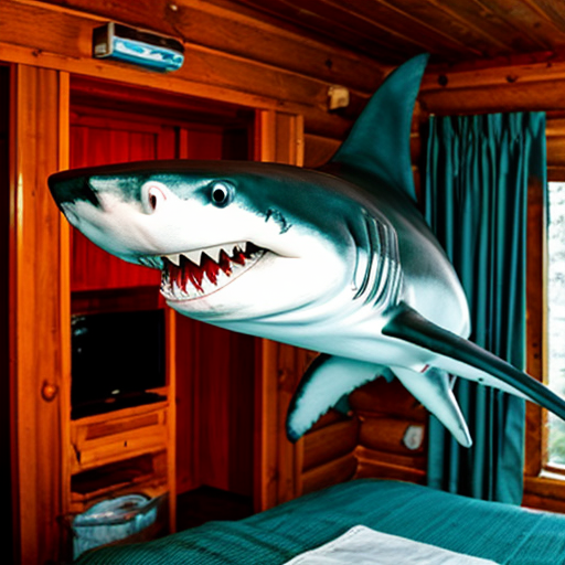 Make a shark with blue jordans in a big wood cabin called "The Tung tung Inn"