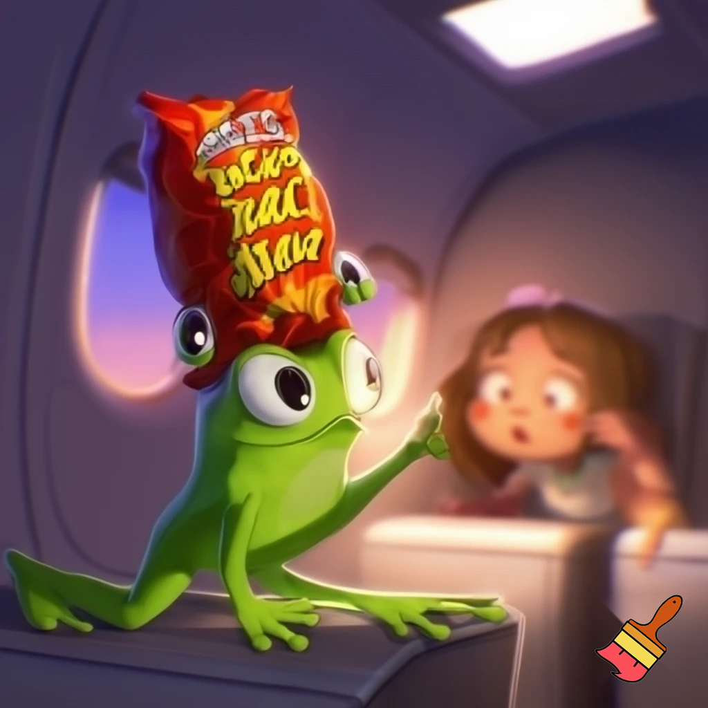 a inpoyle in  a plane is happy of a on her head she put hot cheetos on her head  when the girl done with her flit  the frog hit her head the frog go away