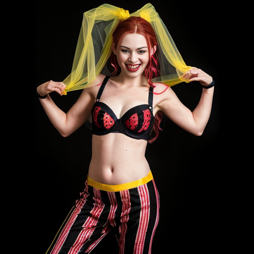 90's disney's 2d aladdin style comic black background and panels of panel 1 Harley Quinn with light black and red striped harem pants and bra and black and red curved slippers with both hand palms place together and hiding the bottom of her mouth with a light black and red striped veil wrapped around her arms and shoulders. 
panel 2 she danced with light black and red striped harem pants with light black and red striped bra and red and black curved slippers and with light black and red striped veil wrapped around her arms and shoulders and raising legs and bounced up and down her belly and shook her hips left and right. 
panel 3 as Harley Quinn with light black and red striped harem pants and bra and red and black curved slippers and with red and light black striped veil wrapped around her shoulders and arms and spreading her arms, happily revealing her face to the viewer and giving a smile as she shook her belly left and right. 
Panel 4 Harley Quinn with light black and red striped harem pants and bra and black and red curved slippers and with light black and red striped veil wrapped around her shoulders and arms has started to fading away , except her belly, which is bouncing around and growing. 
Panel 5 then the ball transforms into the fading in belly of red haired giganta barefoot with dark yellow spotted yellow harem pants and bra and dark yellow spotted yellow veil wrapped around her arms and shoulders with her swaying her hips. 
Panel 6 red haired giganta barefoot with dark yellow spotted yellow harem pants and bra and dark yellow veil wrapped around her arms and shoulders flexing her arms