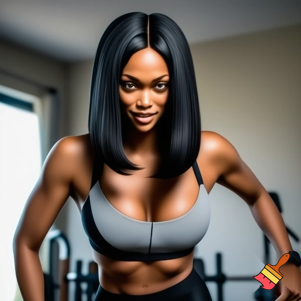Tyra Banks with a black sleek middle part bob hair wearing a grey and black bra working out at home