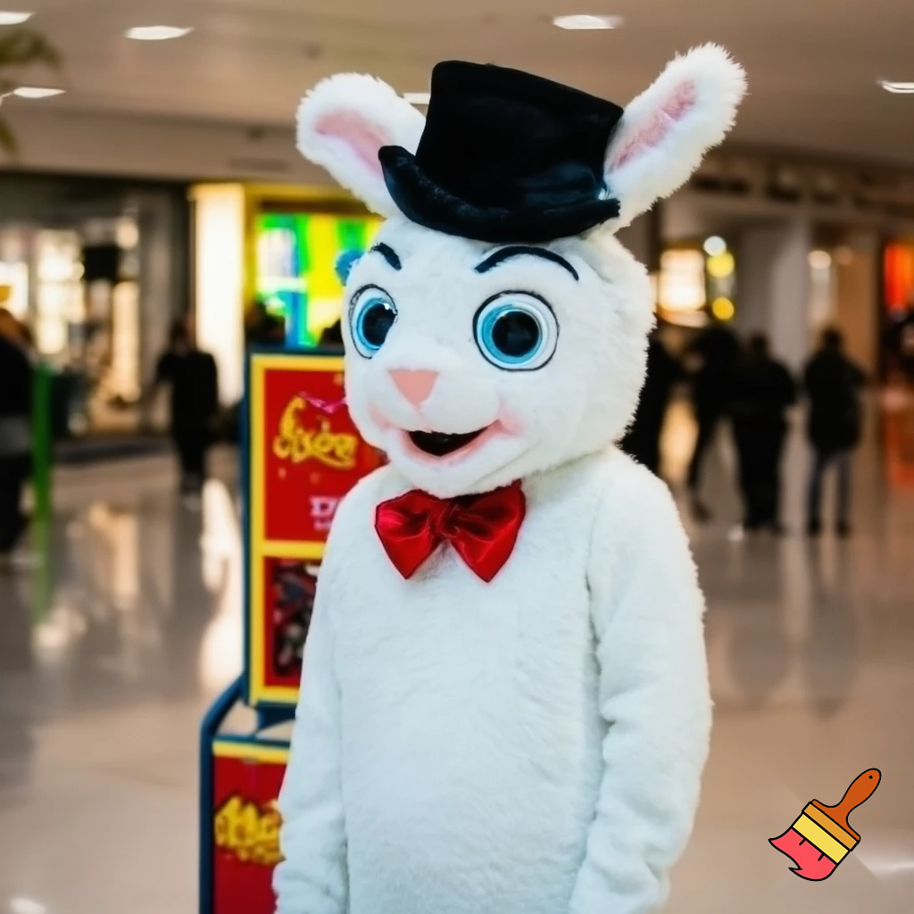 Easter bunny mascot top hat at the shopping centre mascot costume Darrell Lea magic room