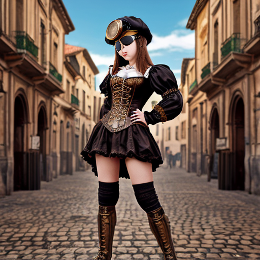 An anime woman wearing puffy Renaissance medieval clothing, a Renaissance beret, steampunk goggles, steampunk bronze gloves, and steampunk bronze boots. Empty Roman steampunk city streets background.