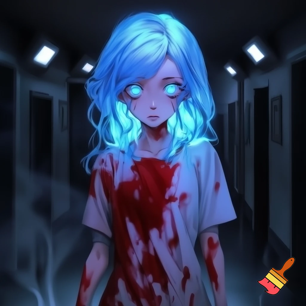 An anime girl with glowing blue hair and glowing blue eyes in a bloody hospital gown