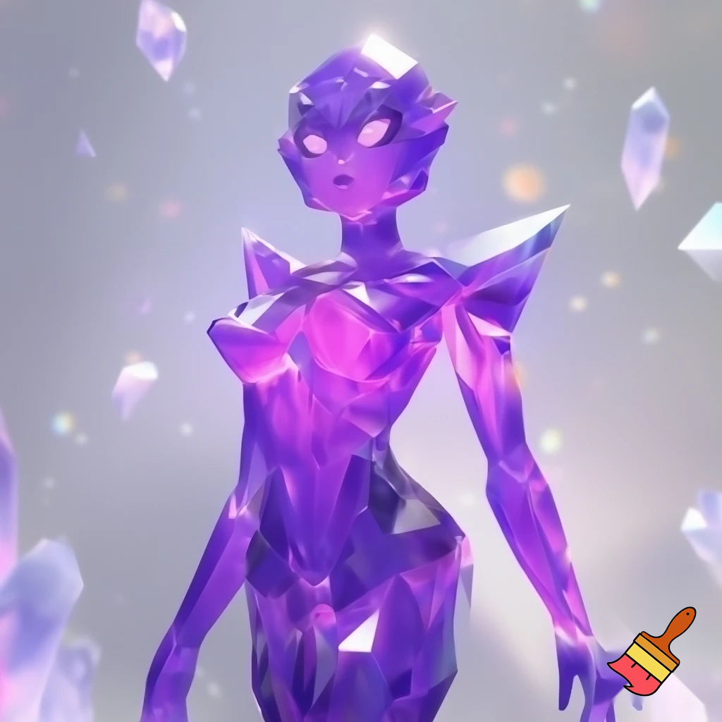 A humanoid crystal creature made of transparent purple gemstone shaped like a living person, with a smooth feminine silhouette and articulated limbs. Her body glows softly from the inside with violet light, and her face has expressive eyes carved from crystal, not faceless. Her surface catches reflections and sparkles, but she clearly looks alive, flexible and animate, not a solid block. She stands in a gentle pose, magical and elegant, with prisms of light around her.
