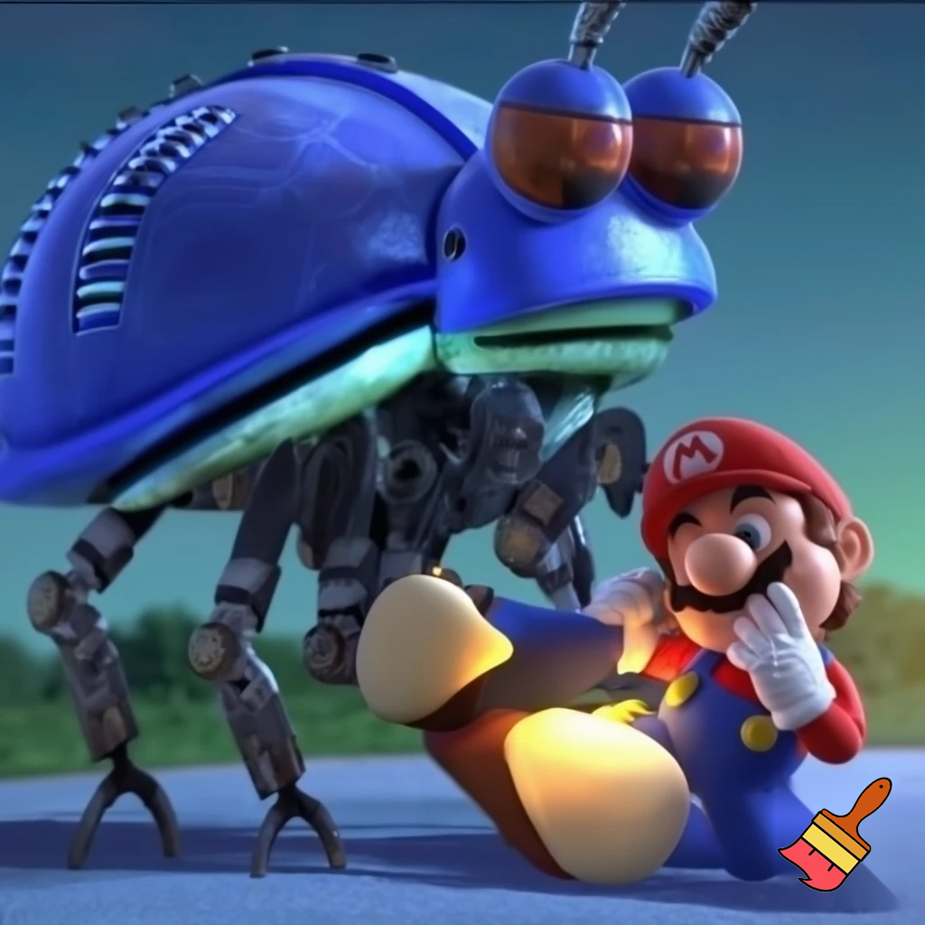 Mario sucking on a toe in a huge robot that is a bug
