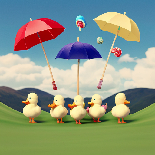 Five little ducks with plain, red bow, blue cap, colour lollipop and purple umbrella went out one day, over the hills and far away.