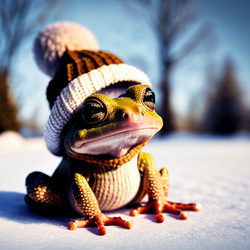 A laughable, puzzled animal toad in woolen, multicoloured winter clothings with woolen winter cap. Hyperrealistic art style.