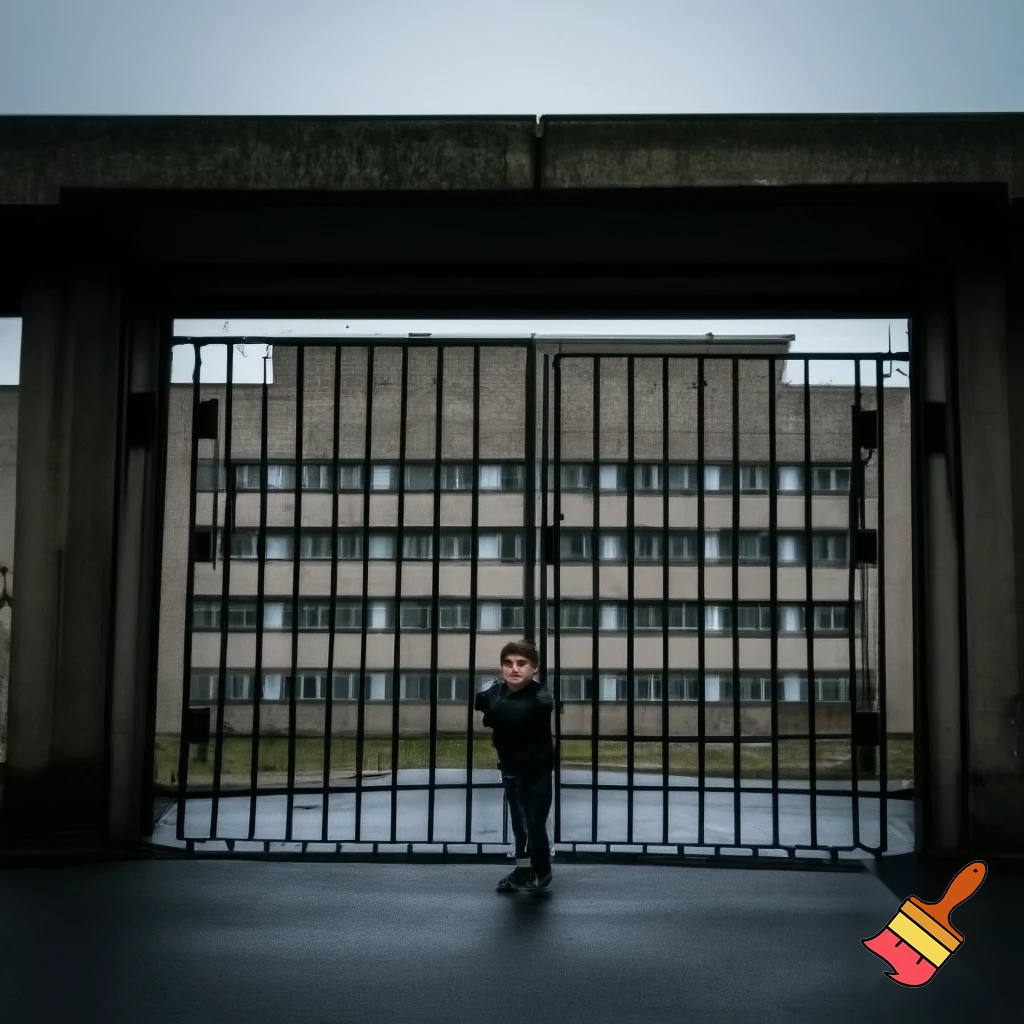 A boy is outside of the gates of his new school and he scared and school looks like prison