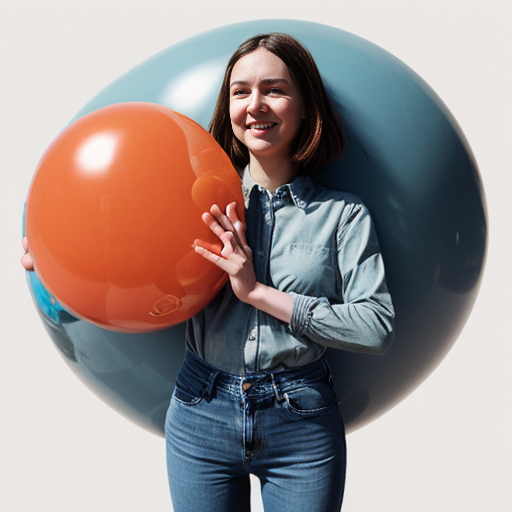 A woman, depicted as a spherical shape inflated like a balloon, is centrally positioned against a light gray background. She is of light complexion, and appears to be a young adult. She is wearing a light teal/grayish-blue, loose-fitting long-sleeved shirt, and dark-wash denim jeans. Her facial expression is slightly happy. Her body is exaggeratedly rounded, forming a sphere, with no visible definition of limbs except hands and feet. The style is surreal and comedic, with a digital or graphic manipulation aesthetic. The lighting is even and diffused, casting no strong shadows. The image is presented from a slightly high-angle perspective, emphasizing the exaggerated spherical form. The overall impression is one of visual humor and artistic distortion 