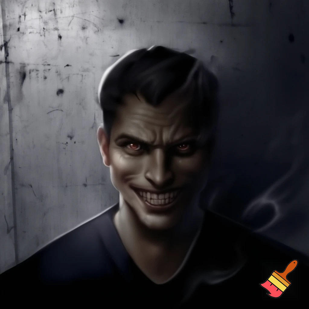 evil, sinister stare with a scary smirk mugshot backround scary look