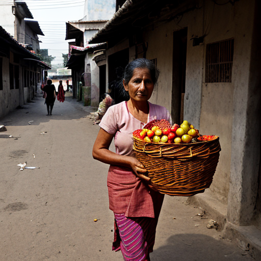 A kind fruit seller woman carrying a woven basket full of colorful fruits, walking through Gokul lanes, tired but hopeful
