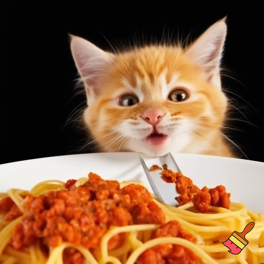 un petit chat roux femelle avec un petit sourire espiegle qui mange dans mon assiette de spaghetti bolognaise a table quand j'ai le dos tourné 