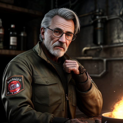 Cinematic portrait of Ingeniero Valdés, a rugged elderly scientist with weathered skin and sharp grey eyes. He wears a heavy olive-drab tactical field jacket over a dark red sweater. Messy salt-and-pepper hair, thick dark-rimmed glasses with visible scratches. Holding a retro-futuristic bronze device with glowing blue tubes. Hyper-realistic, 8k resolution, detailed texture, dark workshop background with floating dust particles, gritty atmosphere, moody lighting.
