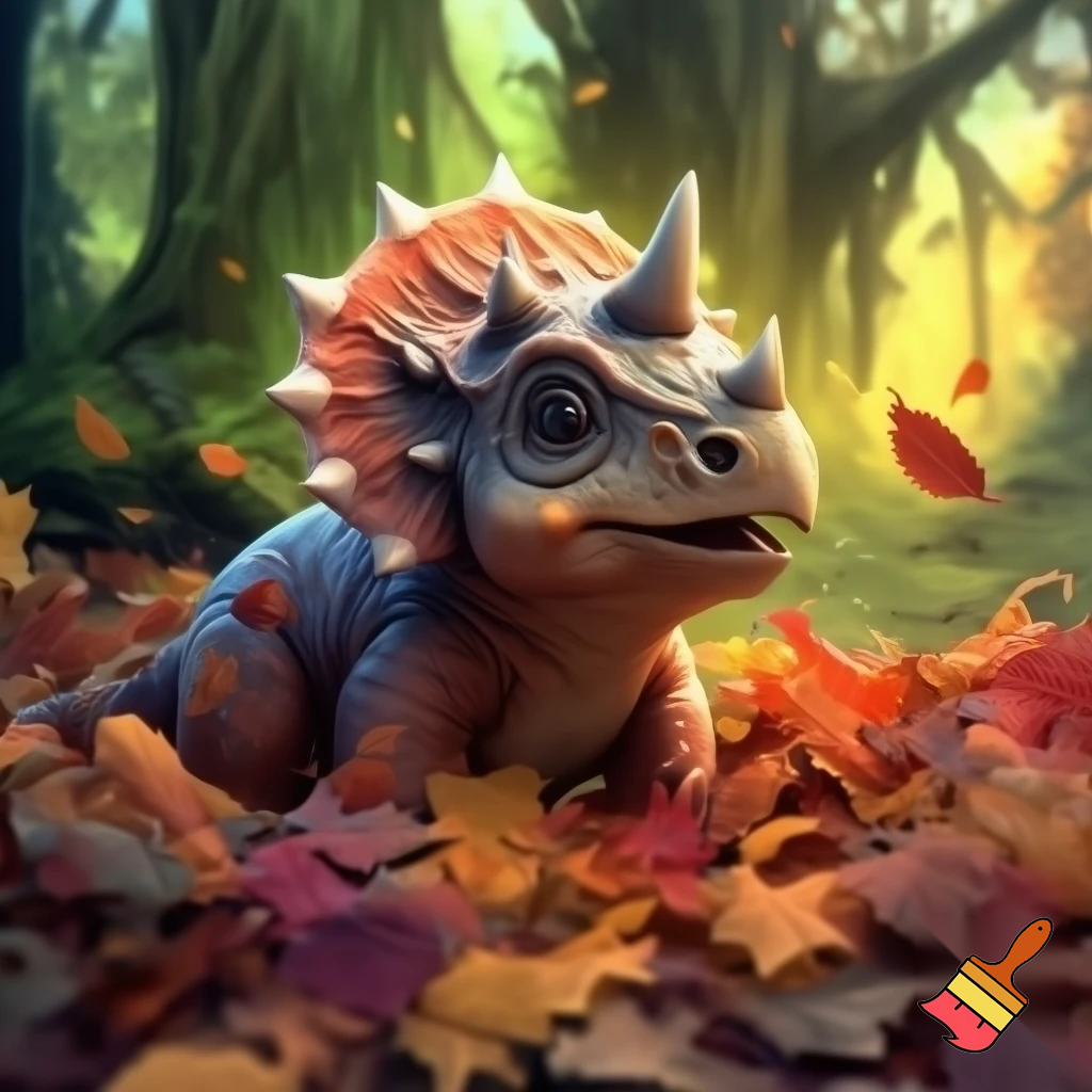 Draw a cute baby triceratops In the wild covering his head in a pile of leaves 