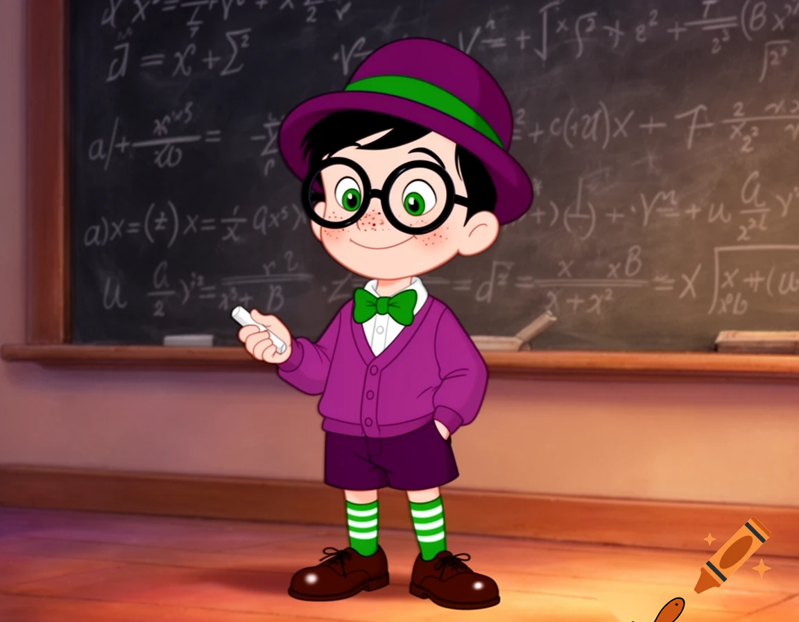 A scene from a 1980's animated Don Bluth movie of a little boy with pale skin, green eyes, freckles, short black combed-back hair, wearing a plum purple trilby hat with a green band, big round black glasses, a white short-sleeved polo shirt with a plum purple cardigan sweater over it, a green bowtie, darker plum purple shorts, white & green striped socks, and darker plum purple oxford shoes, holding a piece of chalk in his hand, and standing in front of a chalkboard with a ton of equations written on it, with a smug smile on his face.