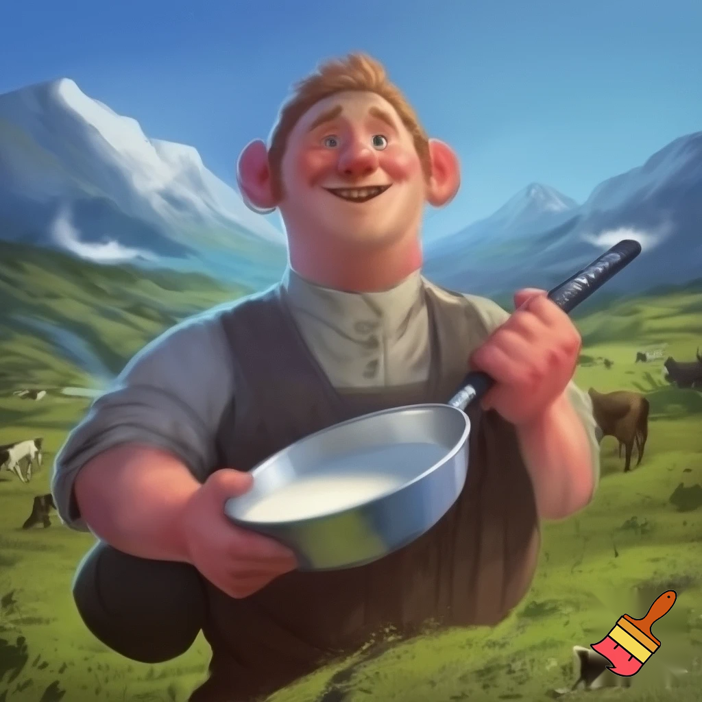 generer et bilde til en reklameplakat, produktet vi skal reklamere for er melkespann laget av vårt firma Nessemaskin. Slagordet vårt er "Litt melk om dagen gjør bra for magen, kjøp vårt melkespann så smiler både mor og mann". Vi vil også få fram at vårt firma er det eneste du kan stole på, spill på nasjonalromantikken og få fram at produktet vårt kan brukes til alt du kan tenke deg, det er bare fantasien som stopper deg. Spill på nasjonalromantikken ved å ha med kyr, fin norsk natur og ei budeie som holder melkespannet
