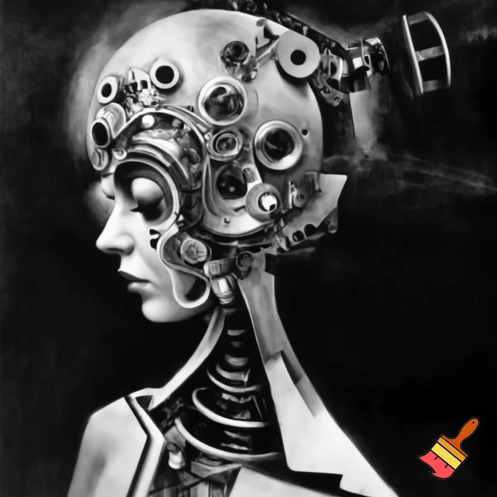 Bio-mechanical girl portrait, noise art. In the style of a 1920's German Expressionism. Black & white.