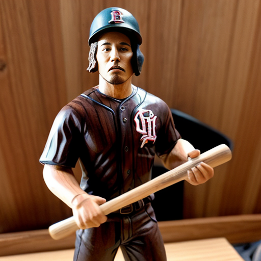 he is a smooth polished wood figure with a baseball bat and does not smile  