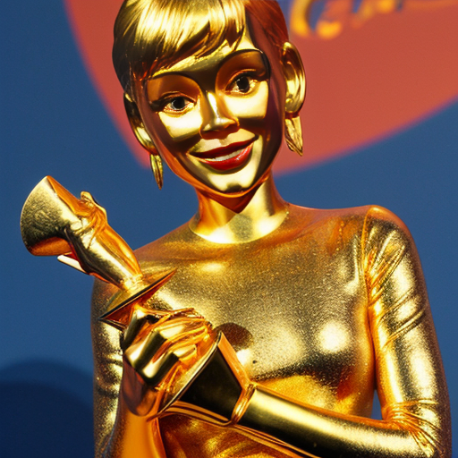 the emotion proud one person gold holding trophy Pixar cartoon style gold skin  happy pretty  gold face inside out movie gold everything orange