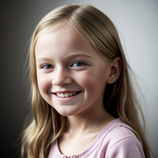 Finnish little girl, at age 8, blonde, straight hair, smiling