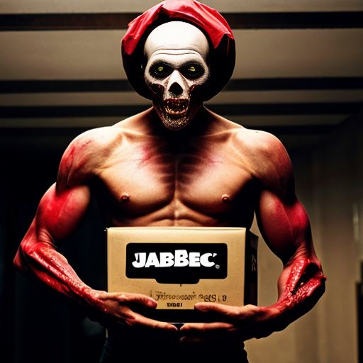 A zombie voodoo creature holding a large jack in the box that is a torso, arms and head. It is a jester
