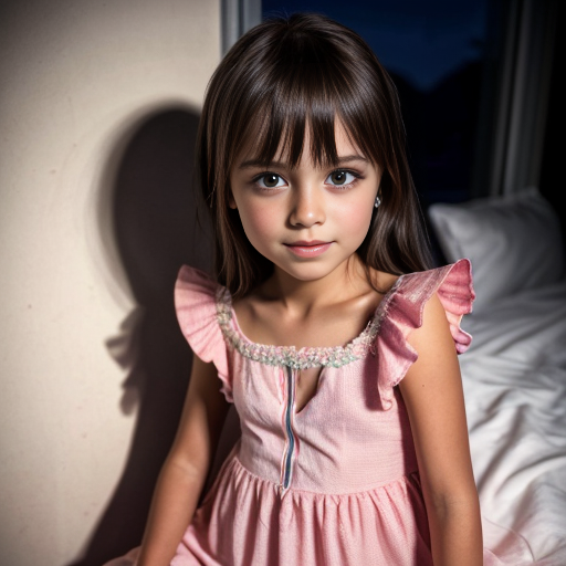 Brazilian little girl at night dress, very beautiful, on the bedroom, close up