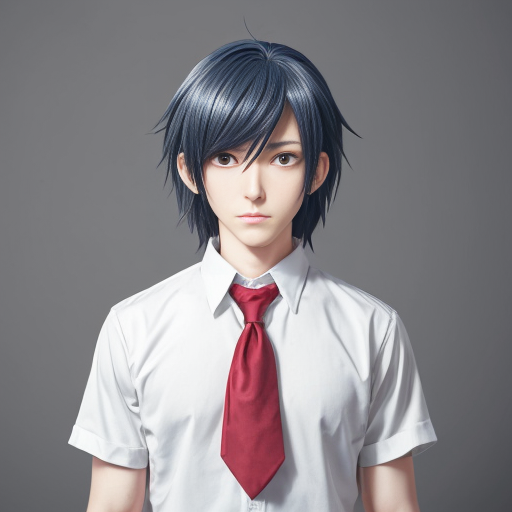 Haruka Sakura from Wind Breaker anime, male character, upper body portrait, serious and silent expression, battle-ready stance with slightly turned shoulders, hair shoulder-length, straight with slight waves at ends, left side hair white, right side hair black, hair slightly messy and flowing with motion, heterochromia eyes: left eye gold, right eye dark blue, sharp and focused gaze, natural anime skin tone, wearing standard Furin High School uniform with small tears and battle damage details, white shirt slightly rumpled, navy blazer with emblem, red necktie, hands clenched and ready for combat, anime-style gloves on hands, dynamic pose suggesting imminent action, subtle motion lines for movement, simple light-colored background, clean and sharp anime line art, vibrant and saturated anime colors, realistic shadows and highlights on hair and clothing, determined and calm demeanor, slight wind effect making hair and tie move, upper body emphasis showing shoulders and chest area clearly, faithful to original character design, intense and focused aura.