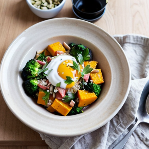 Create a realistic cookbook style photo of the finished dish:
Quinoa and Pumpkin Seed Power Bowl
knowing the ingredients:
•	3/4 cup cooked quinoa
•	1/2 cup roasted broccoli
•	1/4 avocado, sliced
•	1 tablespoon pumpkin seeds
•	1 tablespoon olive oil
•	pinch of salt
Please don't add anything else in the dish, I don't want my reader to think they missed something.
The dish is fully plated and ready to serve.
Style:
modern healthy cookbook photography
natural daylight
editorial food photography
clean minimal background
Composition:
The food is the main focus of the image.
Simple kitchen environment.
Fresh ingredients visible around the plate.
Camera variation (important):
Use a different angle from previous images such as:
top view
45 degree angle
close up plating
side angle
slightly elevated perspective
Keep the lighting style consistent across all images.
Make the food look fresh, vibrant and realistic.
VARIAZIONE AUTOMATICA DELLE INQUADRATURE
Per evitare immagini duplicate, alterna automaticamente:
camera angle
top view
45 degree angle
slightly elevated angle
side plating angle
close up texture shot
camera distance
wide food composition
medium shot
macro texture detail
surface variation
light wood table
white marble surface
stone kitchen surface
prop variation minima
linen napkin
wooden spoon
small ingredient bowls
fresh herbs
Queste variazioni devono cambiare tra le immagini ma mantenere lo stesso stile generale