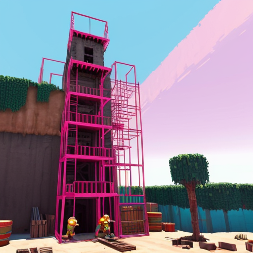 a pink construction site with a bunch of tilted pink layers with blue ladders going to each one and at the top there's donkey kong and at the middle a mario with red overalls and and a blue shirt and there's barrels on the tilted pink layers, make it all 8 bit