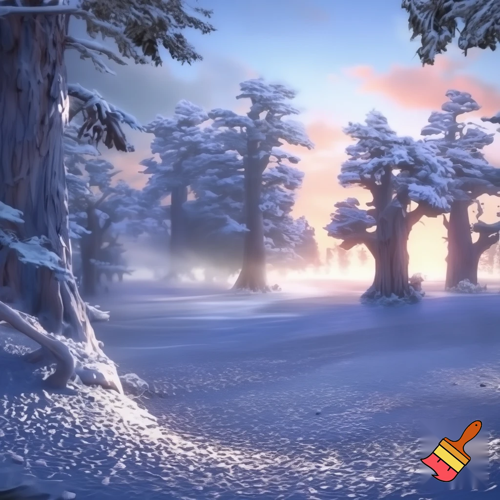 snowy woodland, filled with the light of dawn, sparkling snow
