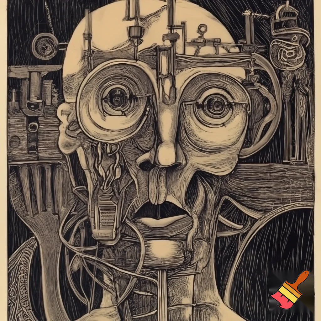 Bio-mechanical post-human noise art. In the style of a 1920's German Expressionist woodcut print.