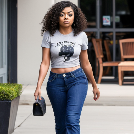 Taraji P. Henson long brown curly hair black t-shirt under t-shirt and blue jeans black pickle toes shoes out 