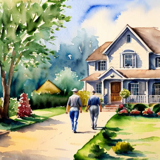 2 men walking near a house