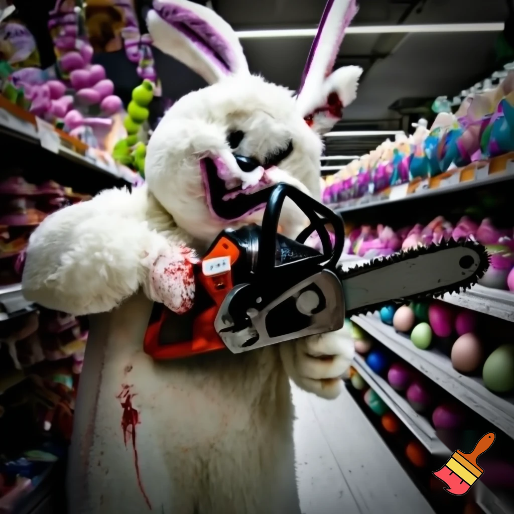 Easter bunny mascot costume top hat🚪 Easter bunny with a chainsaw