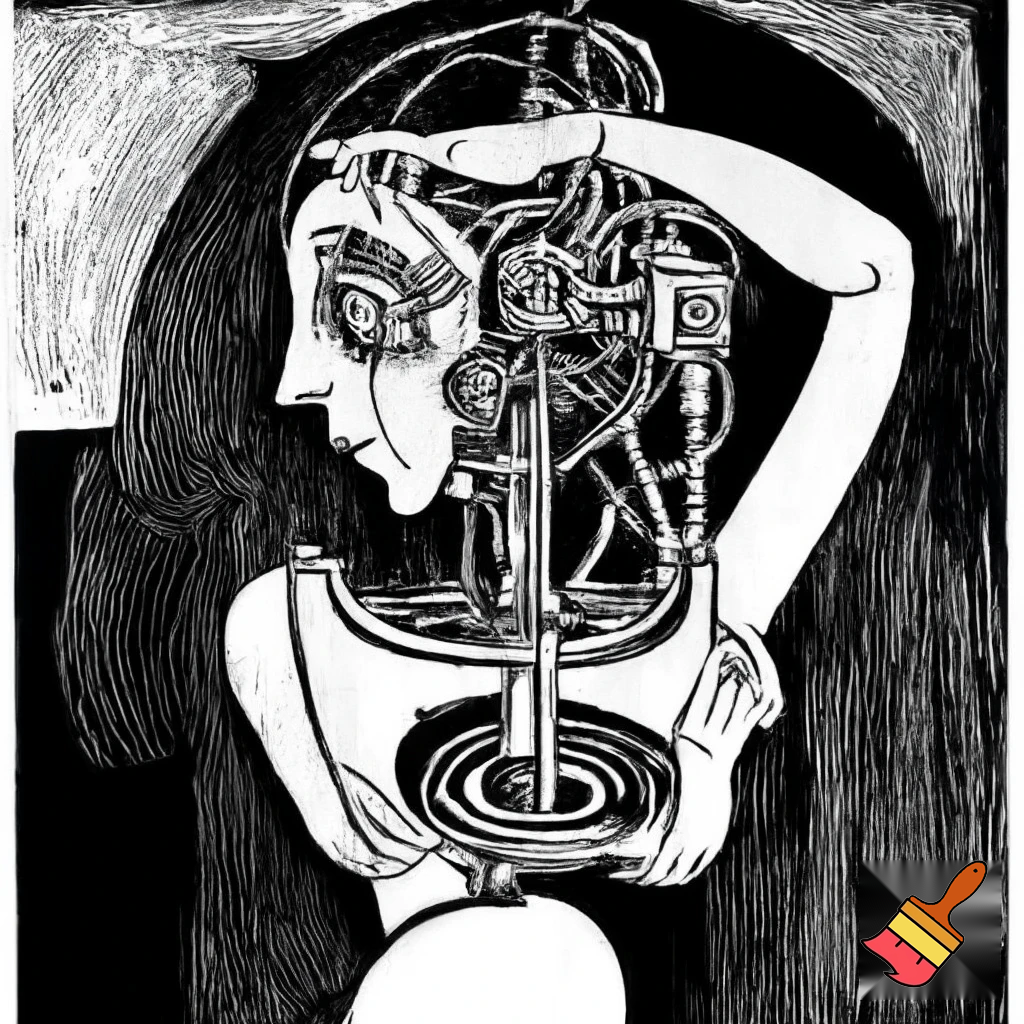 Bio-mechanical girl portrait, noise art. In the style of a 1920's German Expressionist woodcut print. Black & white.