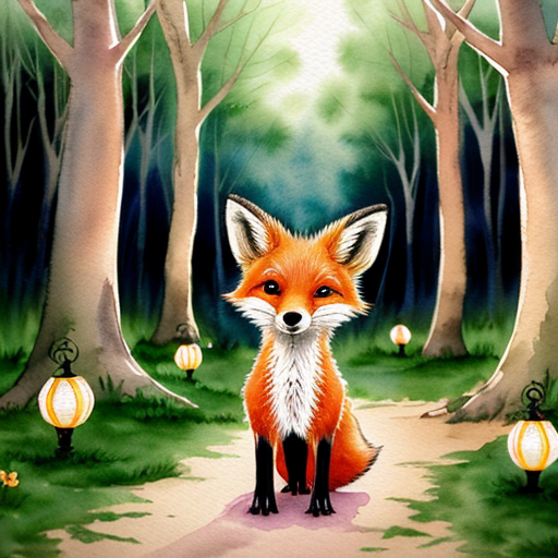 Children’s book watercolor illustration, soft pastel palette, warm magical forest atmosphere.

Andy, a small cute fox cub with bright orange fur, cream belly, fluffy oversized tail and big amber expressive eyes, stands in the Forest of Colors while the animals prepare for the traditional Glowing Path ceremony.

Around him, rabbits, hedgehogs, birds and squirrels decorate a winding forest path with tiny lanterns and flowers. Fireflies begin to gather above the path like floating stars. The trees are tall and colorful, with warm light filtering through the leaves.

Andy looks excited and curious, ears lifted and tail gently swaying.

Style: soft watercolor children’s book illustration, dreamy lighting, cozy magical forest, gentle details, storybook style, soft edges.

Use the reference image of Andy the fox to keep the same character design.