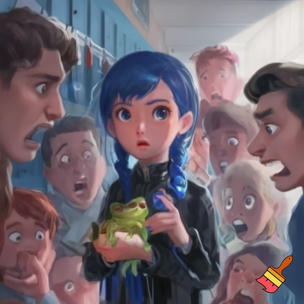 girl with blue braid and has a black jacket with blue eyes holding a frog all the people are looking at the frog scared at shcool the people opened there jaw