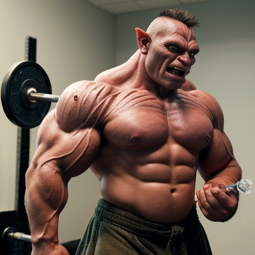 Buff young Man using orc muscle growth hormone injection and turning into an orc