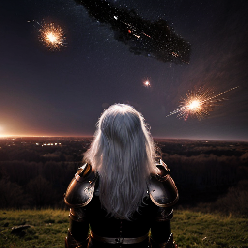 young white-haired woman in armor watches as meteorites fall on her castle
