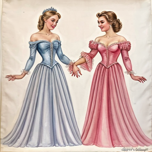 Cinderella in a pink gown, having her dress ripped apart by two elegant women in untouched gowns. full body view. The two elegant women are enviously tearing pieces of the pink gown off. The bodice of the pink gown has a large tear, a sleeve is missing, and there are multiple significantly large tears in the skirt. Both jealous women are currently ripping a piece of the skirt off.