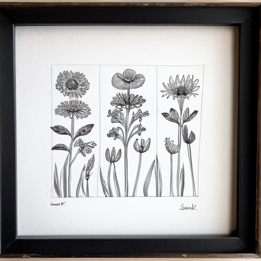 A sketch of multiple wildflowers  in a row. Black and white, simple and hand drawn