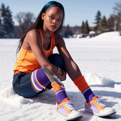 Rihanna orange tanktop belt blue short mini purple socks orange and white sneakers on a sitting Snow