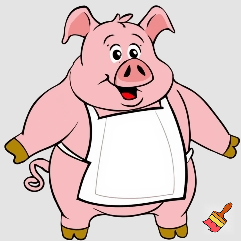 create a picture of a pig that has a white apron and a curly tail, cartoon style. He is a baker. Make it look like a drawing 