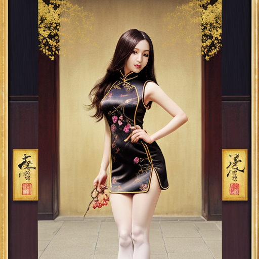 黑色长发女性，完美身材，完美动作，日式二次元手绘，全身照，黑色缎面镂空旗袍，金色镶边中国龙暗纹，亮光白色过膝袜，中式庭院背景，夜景，妩媚的眼神，手拿一节梅花枝，精致画风，完美作品