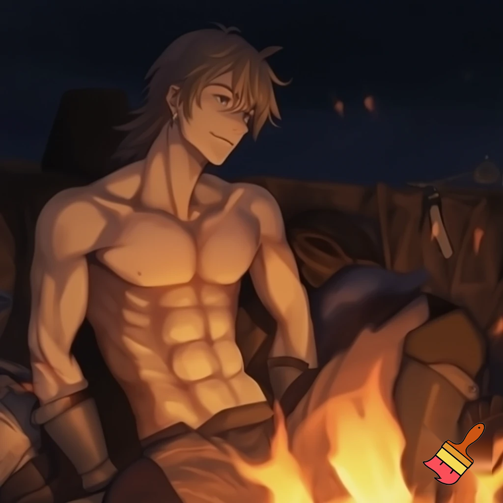 A hansom anime knight with abs and pecks with his armour off sitting around a campfire with his shirt off and only 