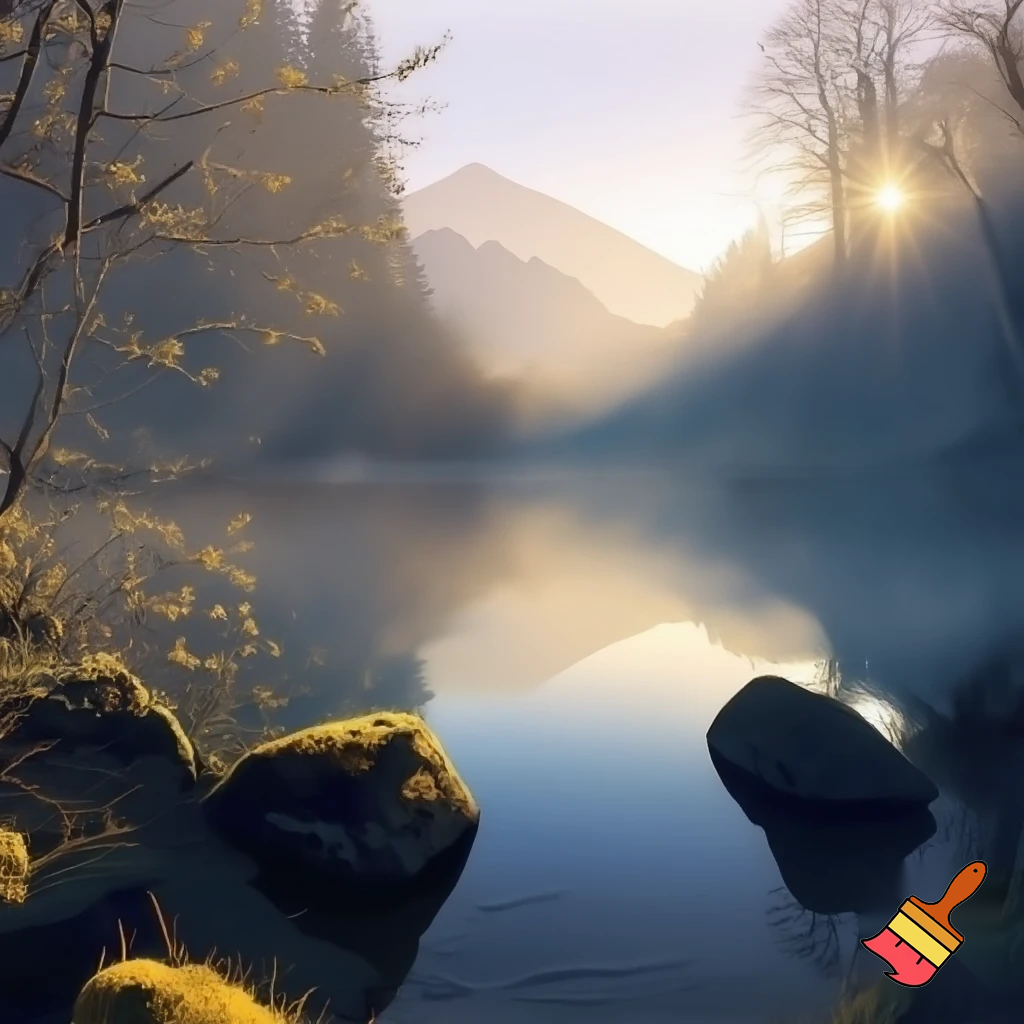 Bild eines stillen Sees oder Bergquellwassers im ersten Morgen Licht Ende März in Baden Baden
