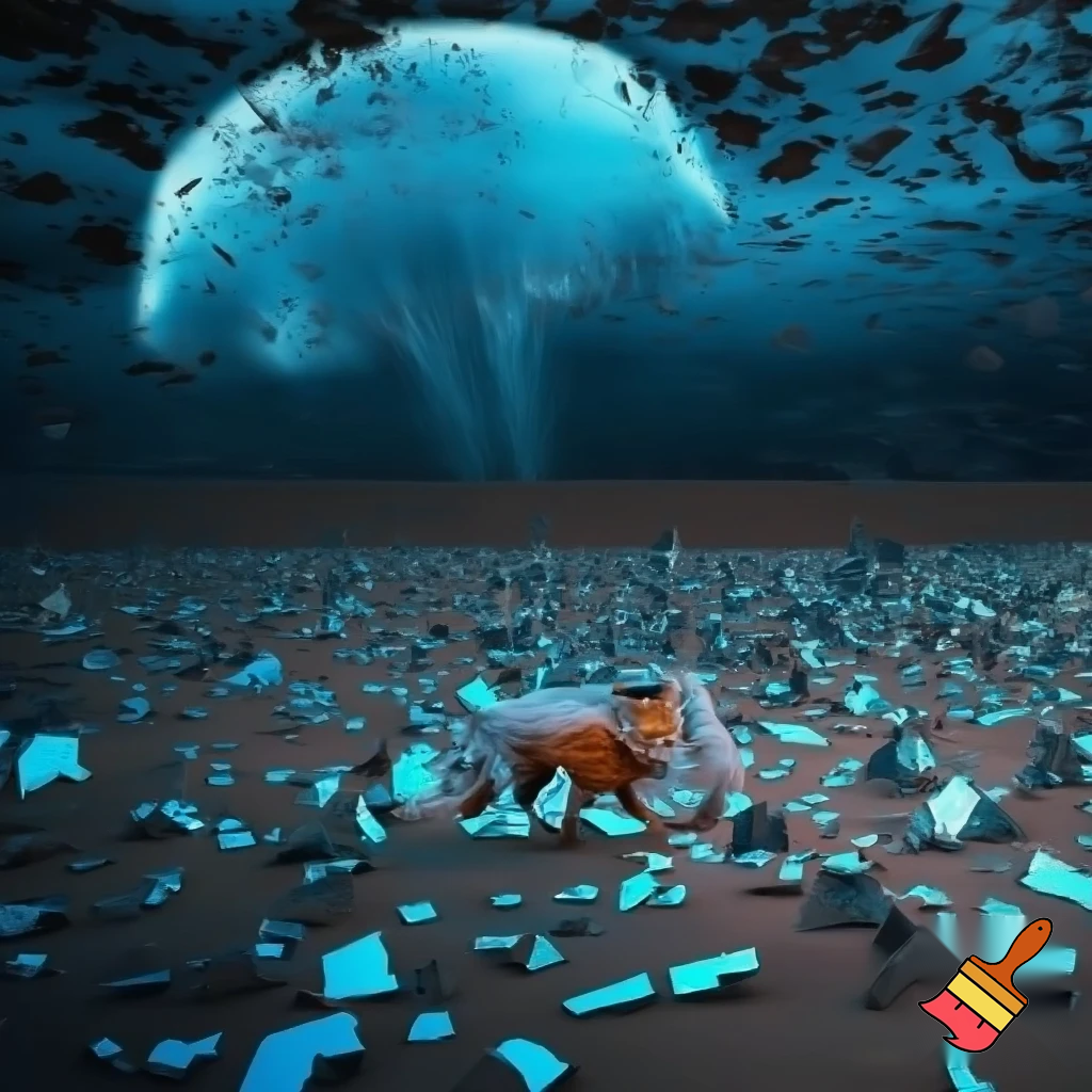 a surreal desert made of broken mirror shards, neon blue reflections everywhere, a tiny red fox in the middle wearing a half–transparent raincoat, sun is a gigantic jellyfish floating in the sky, sandstorm looks like glitch pixels, cinematic lighting, hyper realistic, 8k, wide angle, filmic mood, unreal engine look, photo taken by a drone