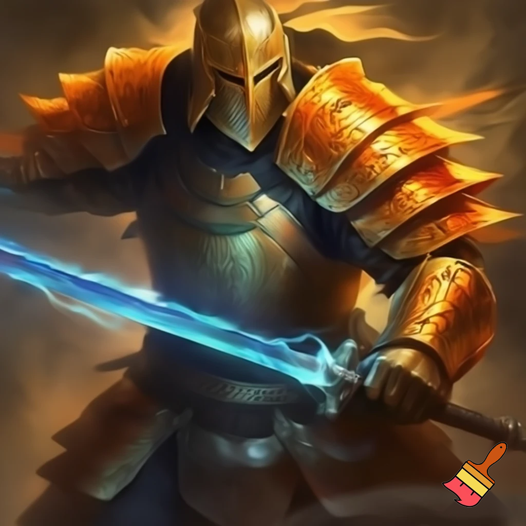 Golden orange paladin. Chinese style armor. Closed helmet. Dynamic stance. Glowing blue sword. High quality. In the style of dungeons and dragons.