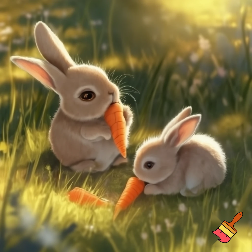 two rabits eating carots