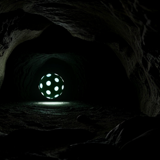 Eine dunkle Höhle und in der Höhle ist eine Kugel die leuchtet mit grünem Licht die Kugel ist rot und blau und glänzt und sie hat kleine sehr kleine schwarze und weiße Punkte 